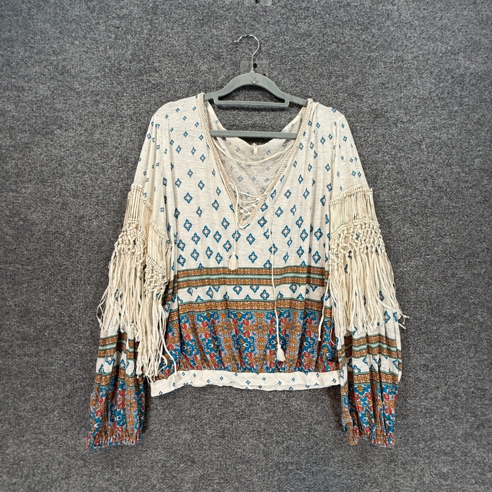 Free People Blouse Womens Small Ivory Fringe Macrame Boho Festival Peasant Top